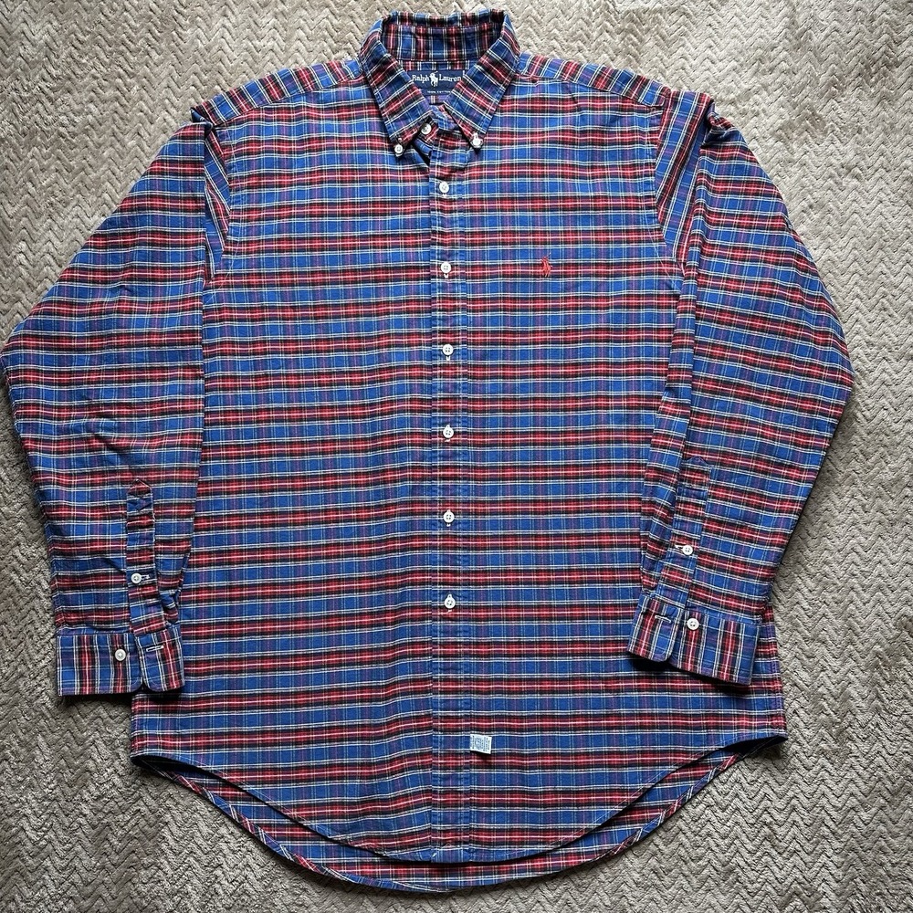 Vintage Ralph Lauren Long Sleeve Shirt Mens X-Large Blue Red Plaid Button Down